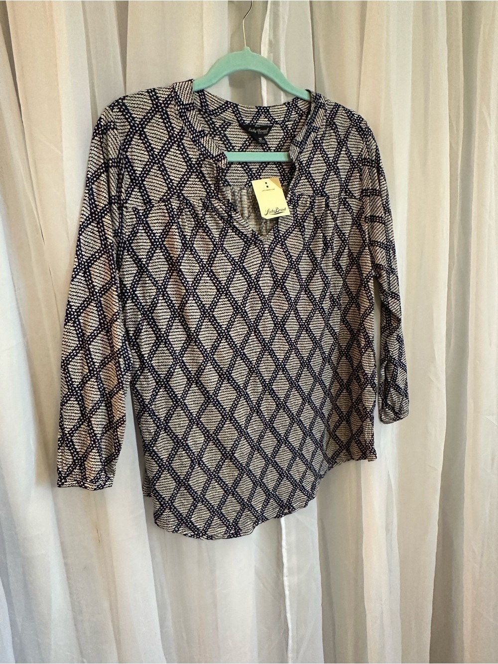 Lucky Brand  Navy and White Diamond-Pattern Long Sleeve Top. NWT